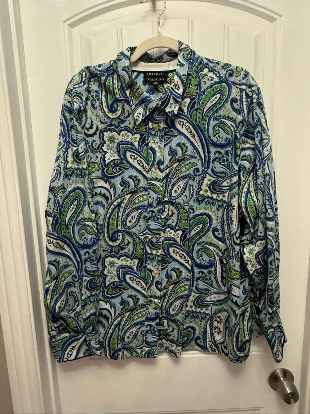 FOXCROFT Wrinkle Free Button Up Blouse Blue Green Paisley Size 22W (22-14)